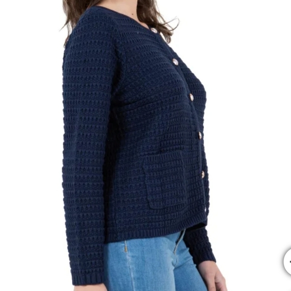 Cristina B Navy Cardigan Women's XS Blue Knit Sweater Gold Button Detail Chic - Picture 3 of 12